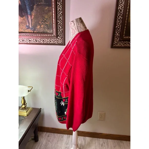 Vintage Cottagecore Red Christmas Snowman Tree Sweater Women 14/16 Cardigan - Picture 6 of 13